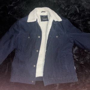 Bershka fleece lined cord trucker jacket in navy